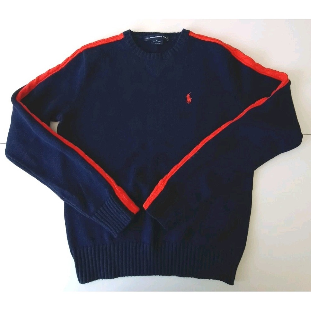 Ralph Lauren Golf Sweater Small Navy Blue, Orange Arm Stripe Pullover Pony‎ Logo